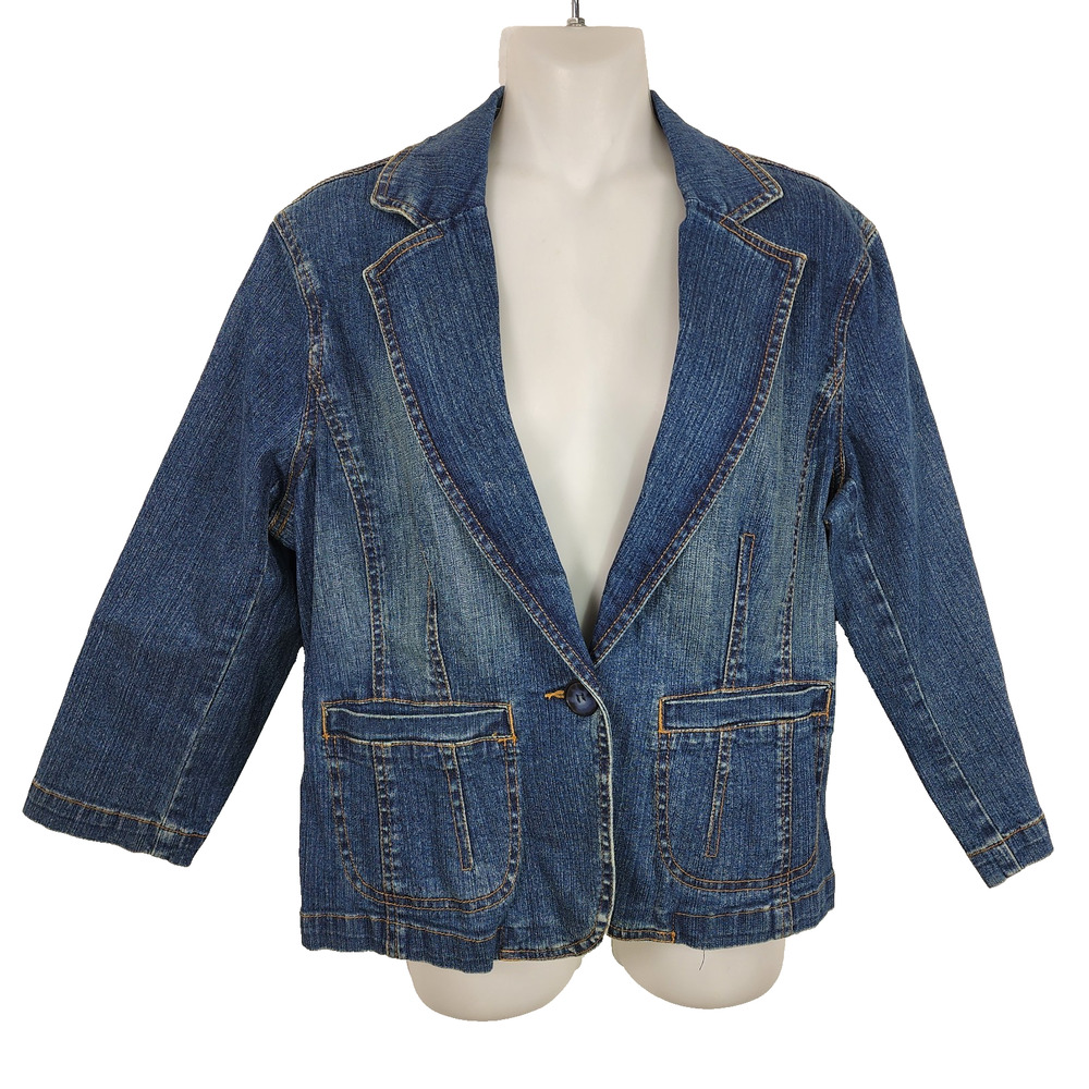 a.n.a. Womens Jean Blazer Jacket Denim Blue Size Medium One Button Front Pockets